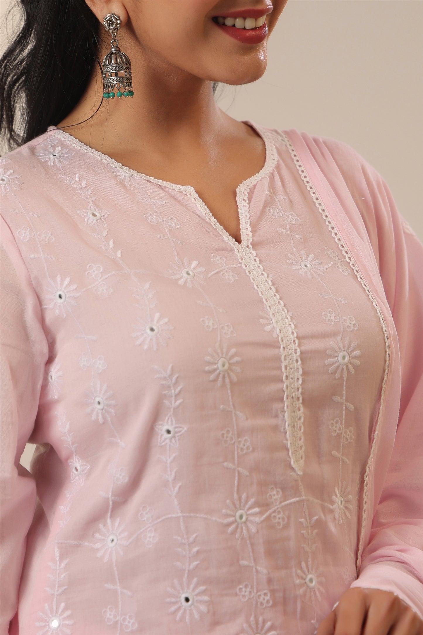Pink Mul Cotton Suit with Embroidery & Kali Palazzo