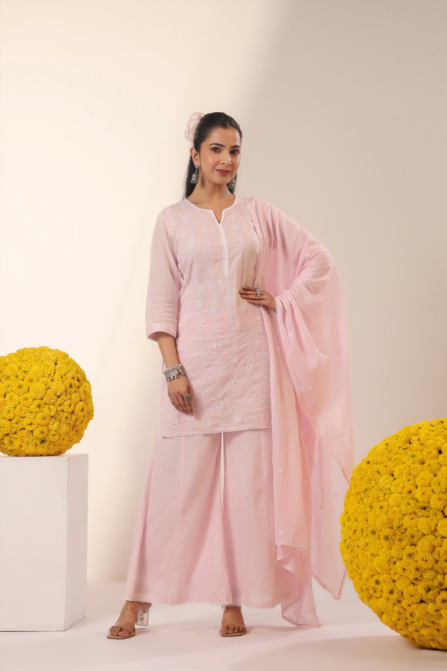 Pink Mul Cotton Suit with Embroidery & Kali Palazzo