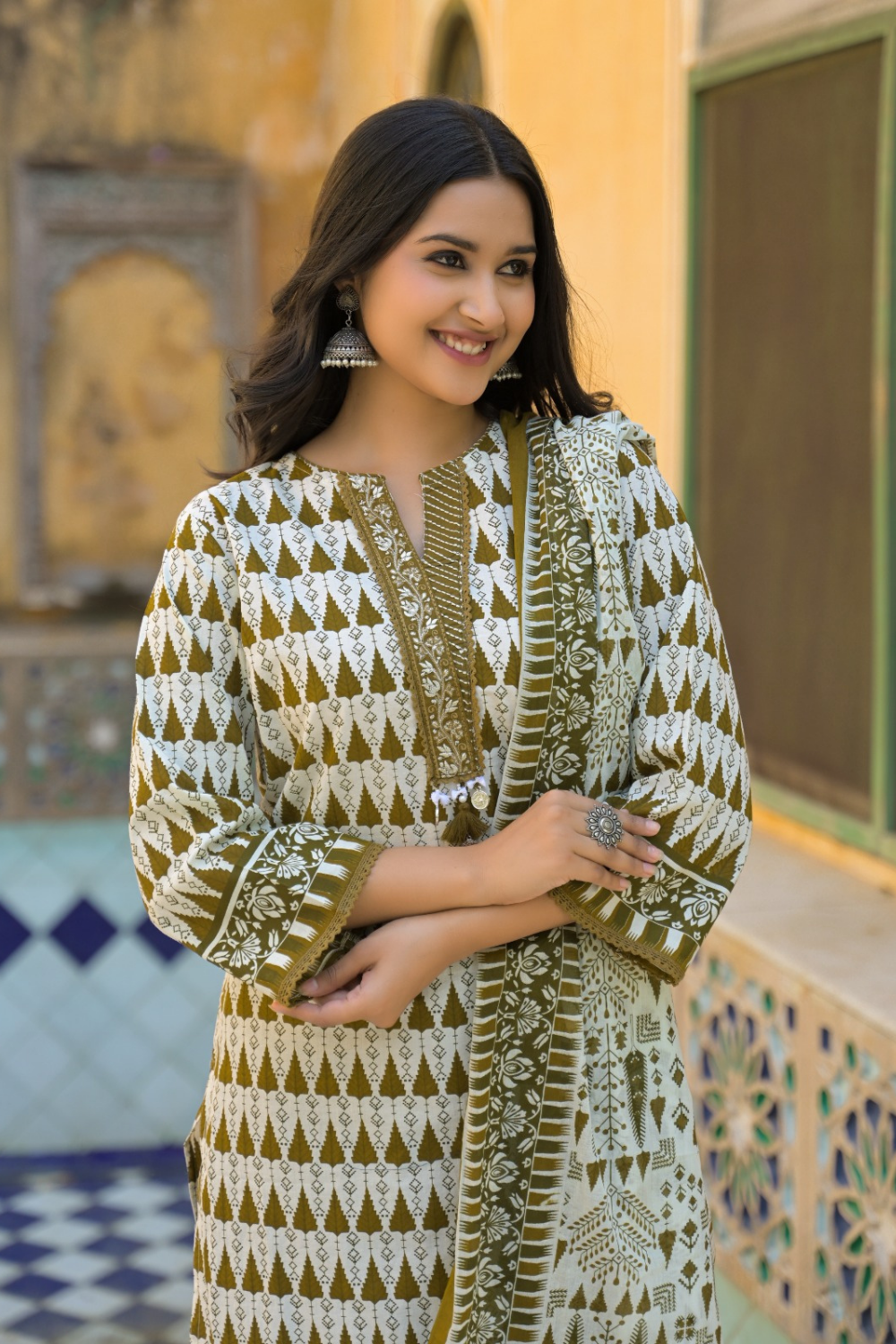Olive Green Printed Suit with Mal Cotton Dupatta