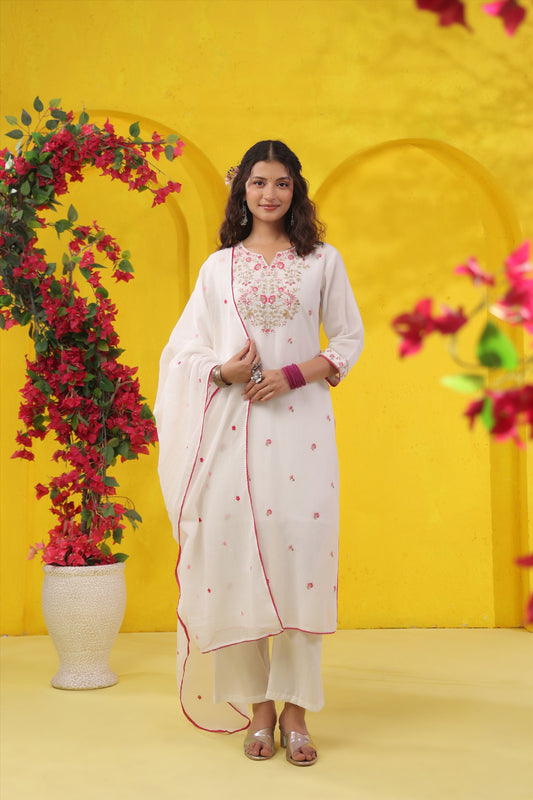 White Mul Cotton Suit Set with Rose Pink Thread Embroidery