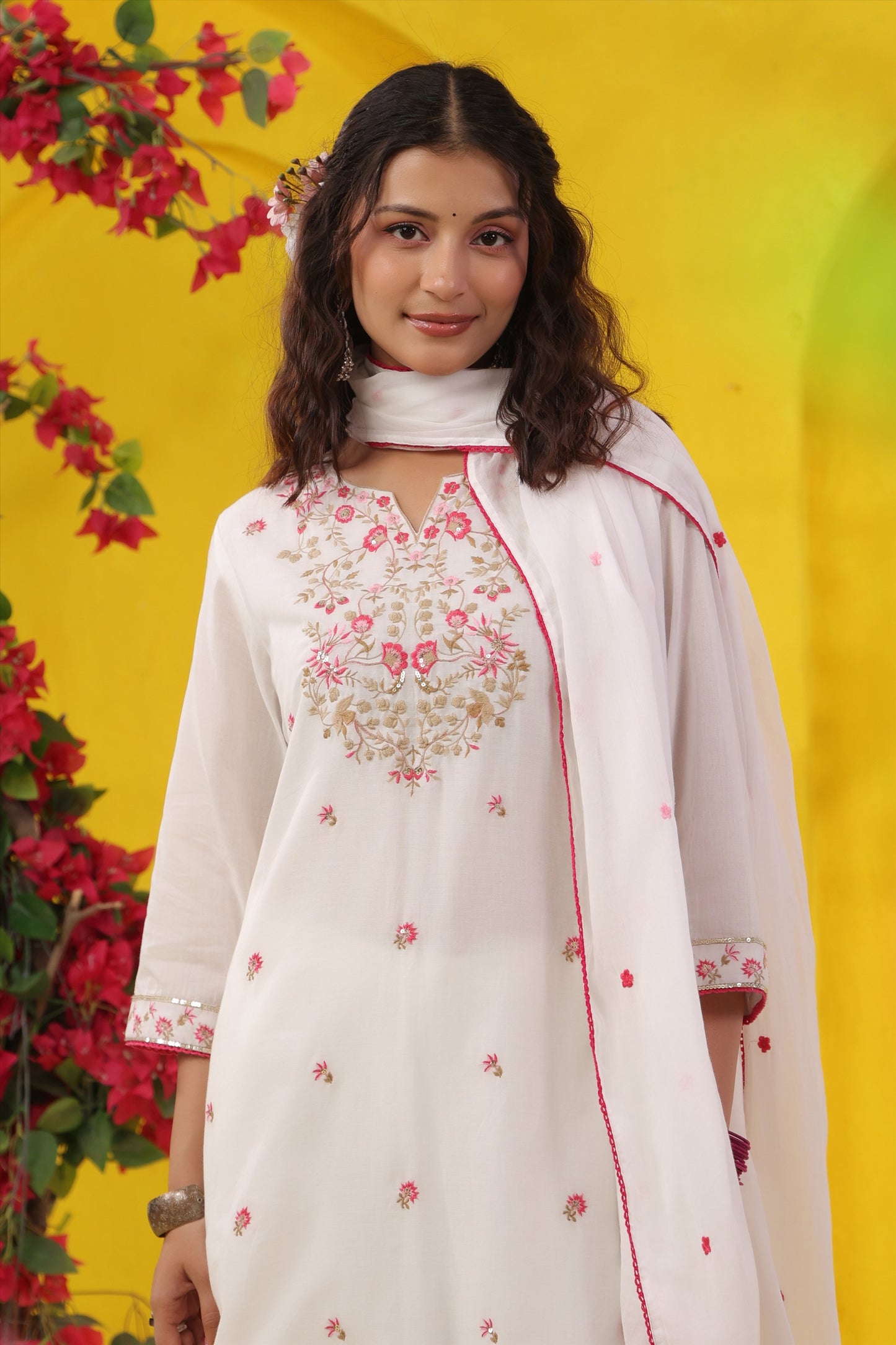 White Mul Cotton Suit Set with Rose Pink Thread Embroidery