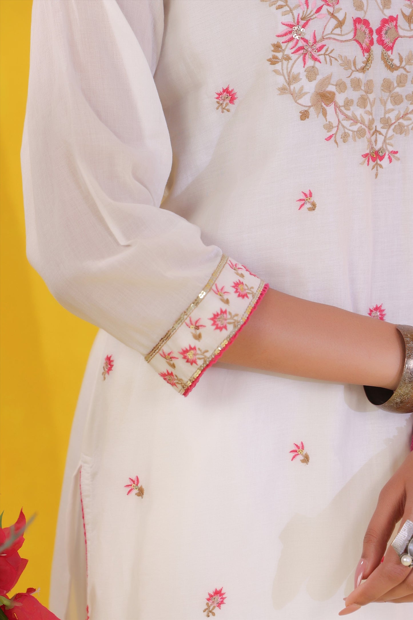 White Mul Cotton Suit Set with Rose Pink Thread Embroidery