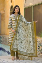 Olive Green Printed Suit with Mal Cotton Dupatta