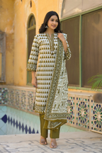 Olive Green Printed Suit with Mal Cotton Dupatta