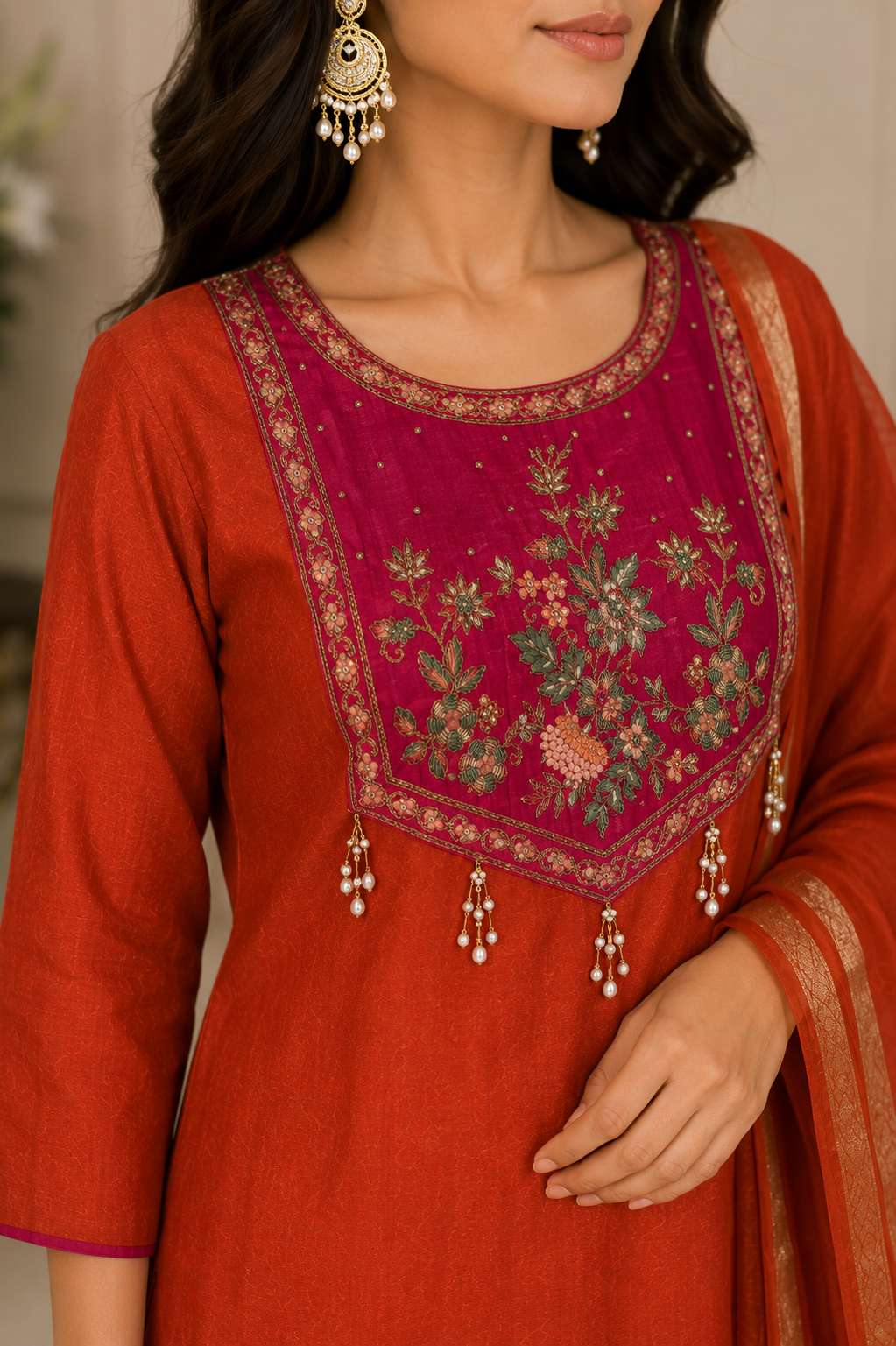 Premium Mul Chanderi Suit Set with Zardozi & Thread Handwork
