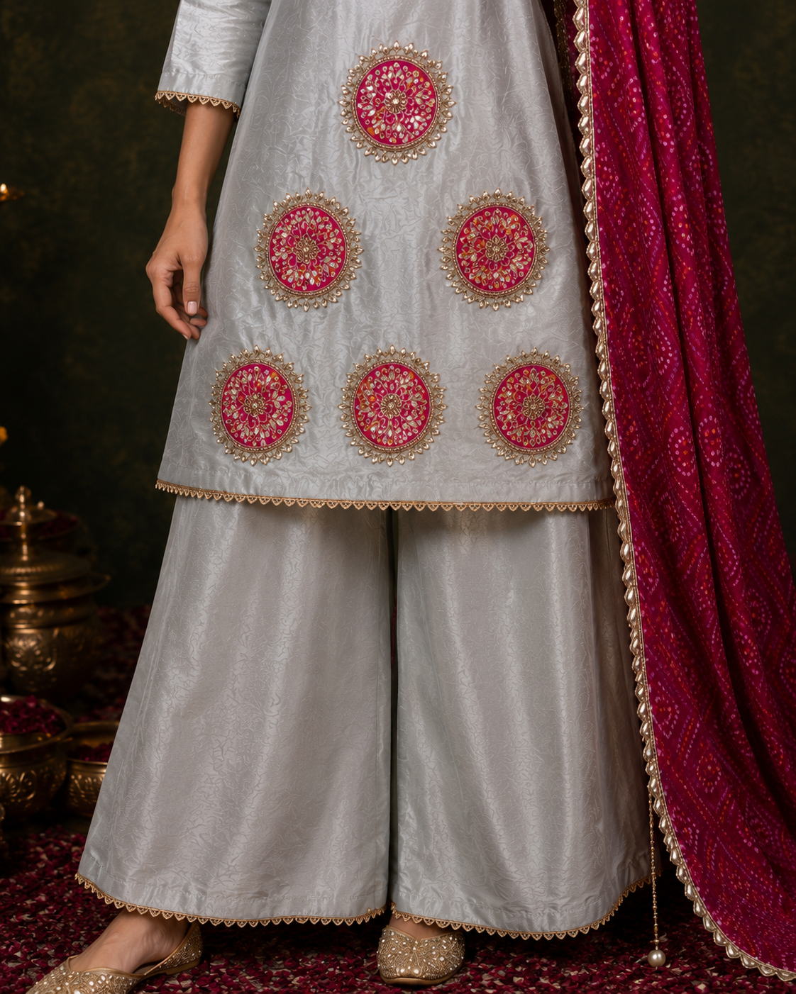Grey Opara Silk Suit Set with Patch Work, Gotta Patti & Pure Chinon Dupatta