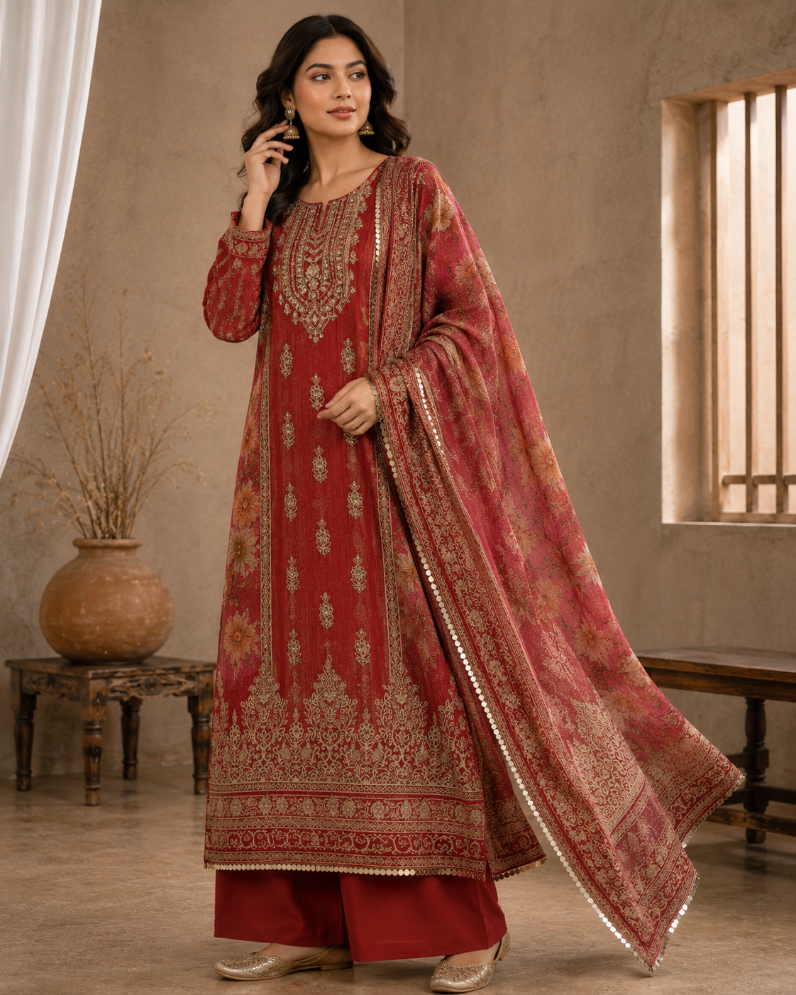Crust Tissue Suit Set with Thread & Mirror Work Print