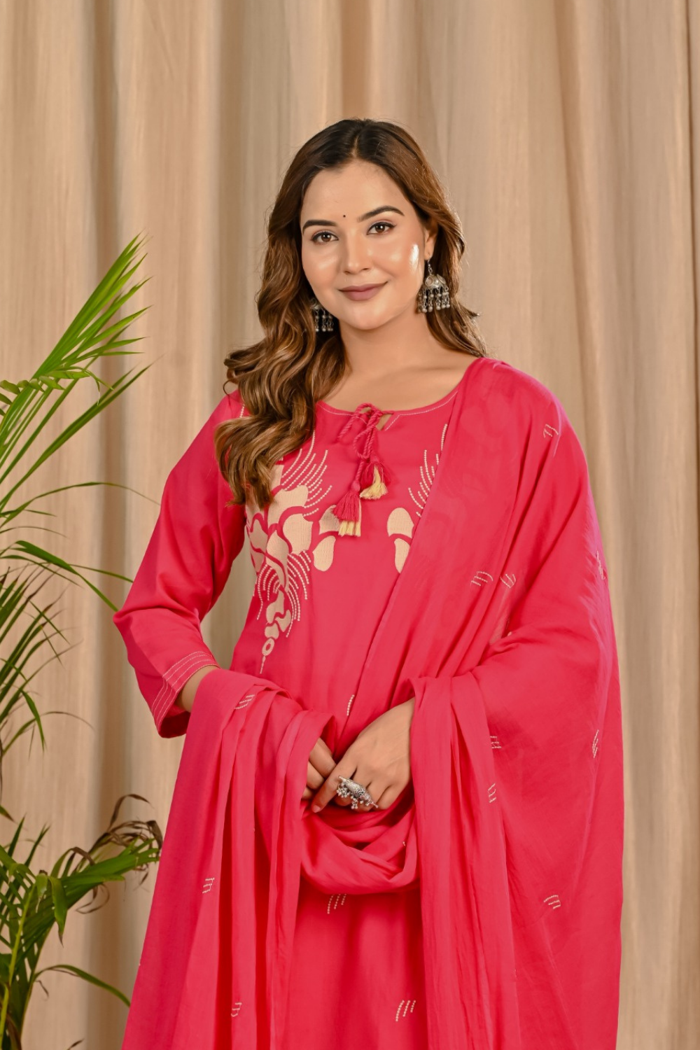 Pink Thread Embroidered Cotton Suit Set