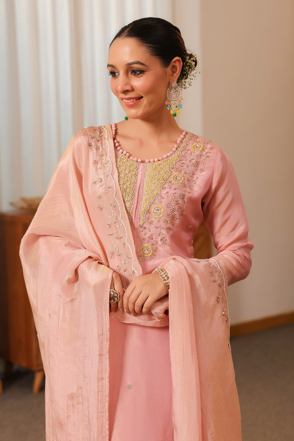 Blush Pink Pure Tissue Suit with Crushed Tissue Dupatta