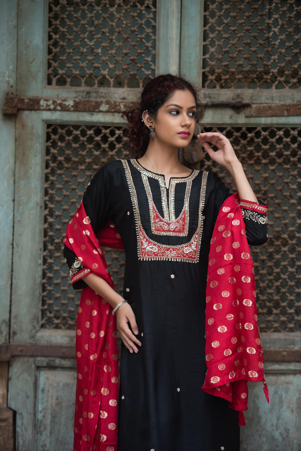 Black Dola Silk Suit with Hand-Embroidered Detailing & Banarasi Dupatta