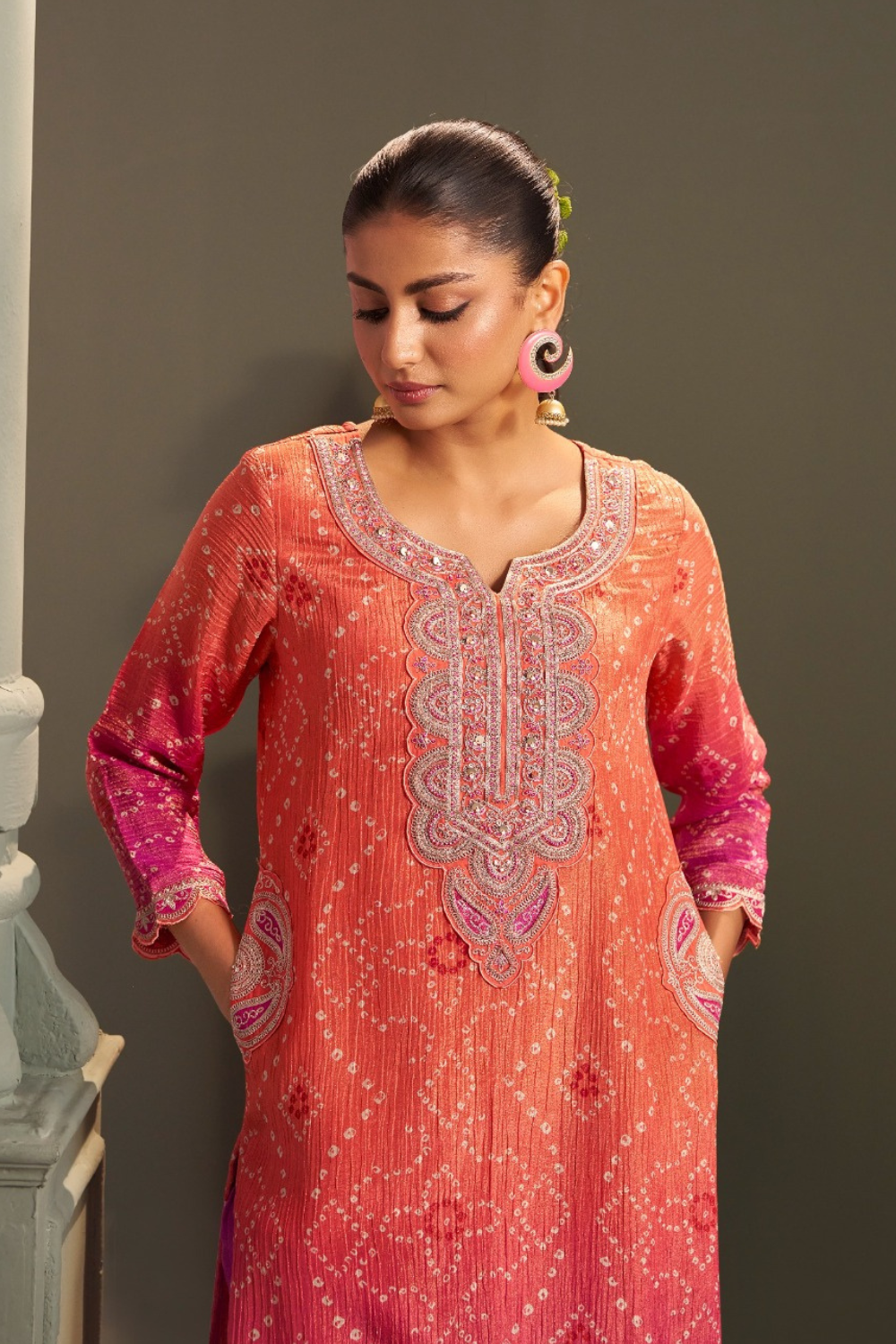 Peach Pink Crushed Tissue Suit with Subtle Handwork