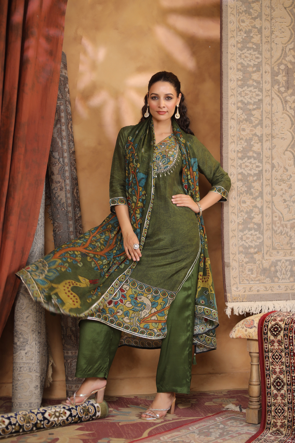 Bottle Green Natural Crape Suit with Kalamkari Print & Gota Patti Detailing