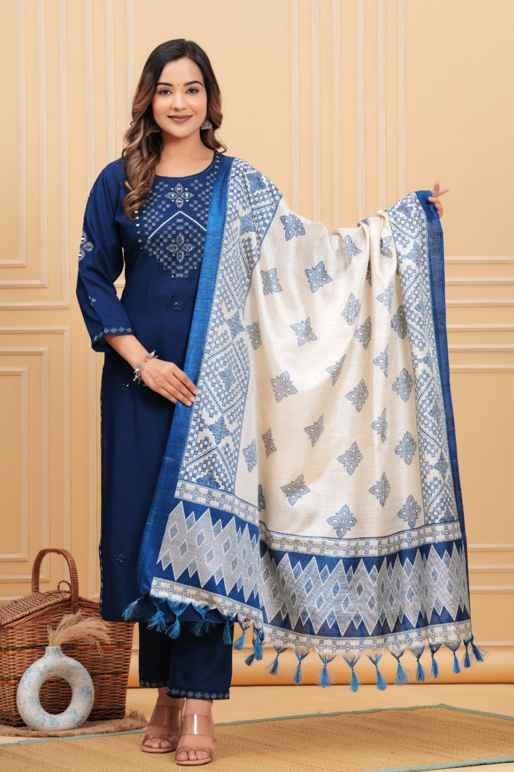 Liva Fabric Suit Set with Tussar Silk Dupatta