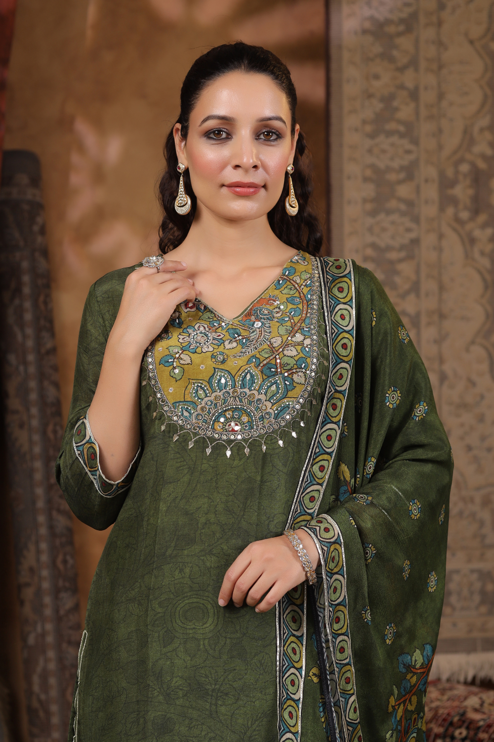 Bottle Green Natural Crape Suit with Kalamkari Print & Gota Patti Detailing