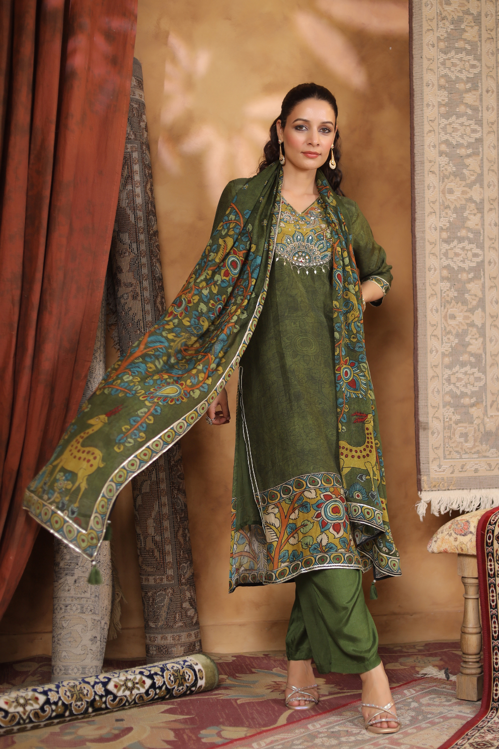 Bottle Green Natural Crape Suit with Kalamkari Print & Gota Patti Detailing
