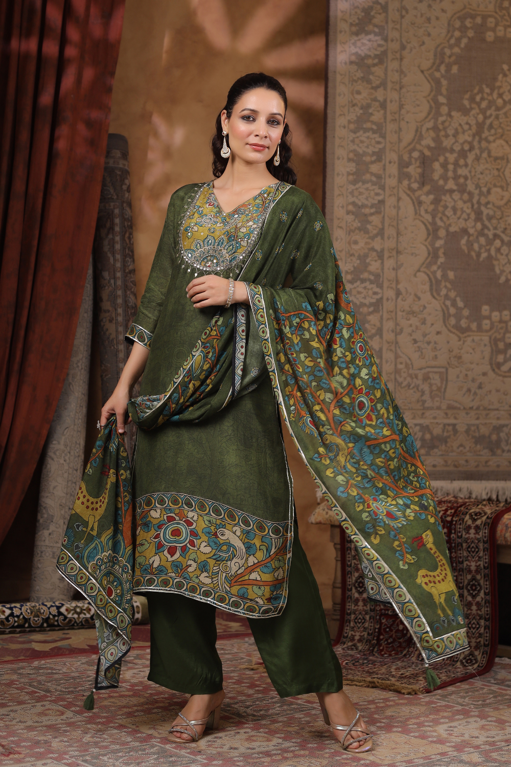 Bottle Green Natural Crape Suit with Kalamkari Print & Gota Patti Detailing