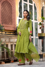 Olive Green Mal Cotton Frock Suit with Mirror & Thread Embroidery