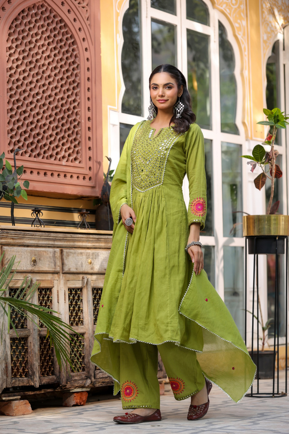 Olive Green Mal Cotton Frock Suit with Mirror & Thread Embroidery