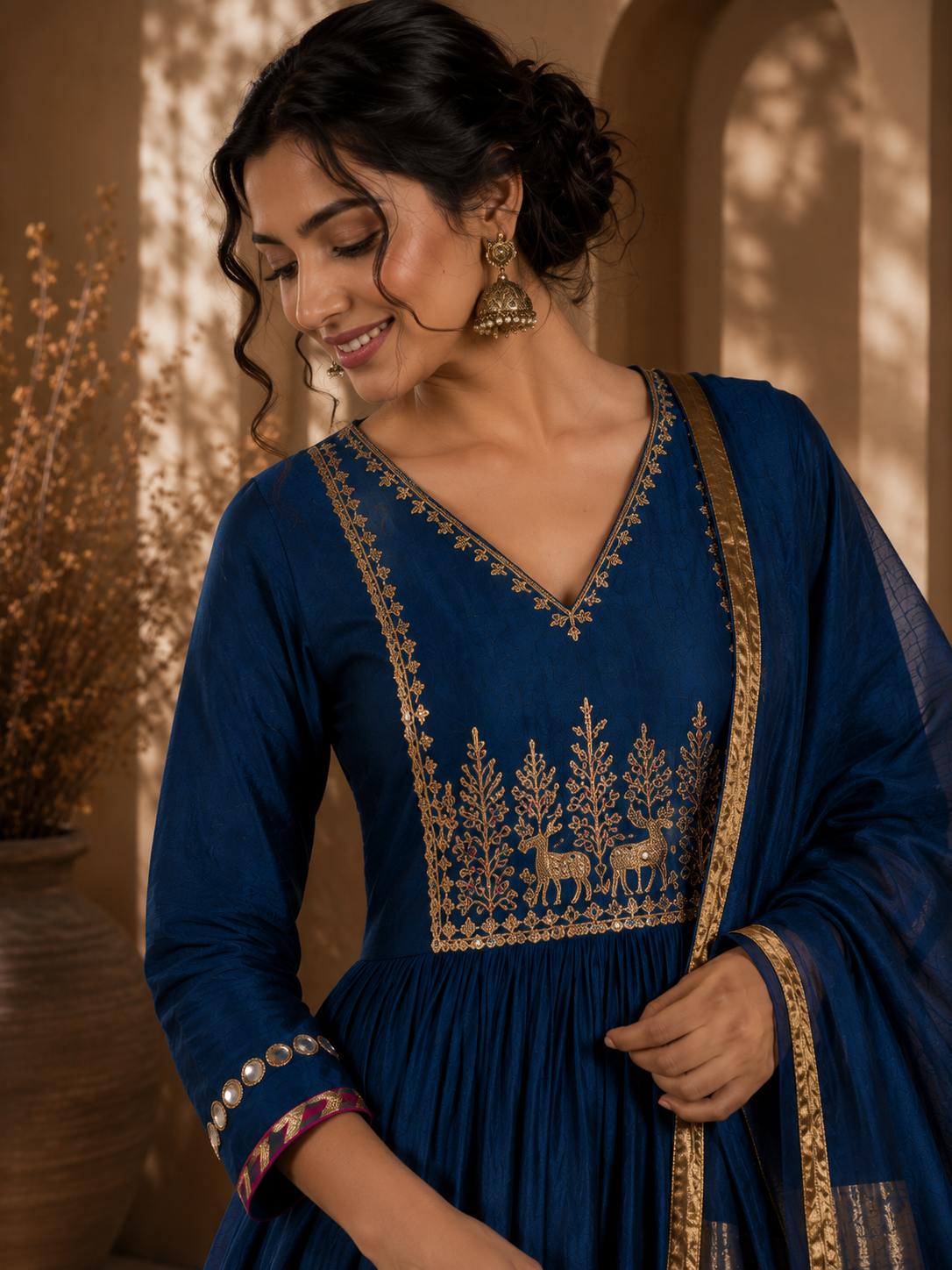 Navy Blue Raw Silk Gathered Anarkali Suit Set with Handwork & Zari Dupatta
