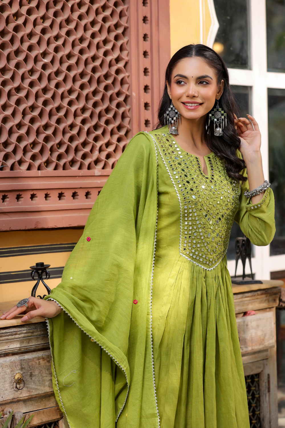 Olive Green Mal Cotton Frock Suit with Mirror & Thread Embroidery