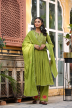 Olive Green Mal Cotton Frock Suit with Mirror & Thread Embroidery