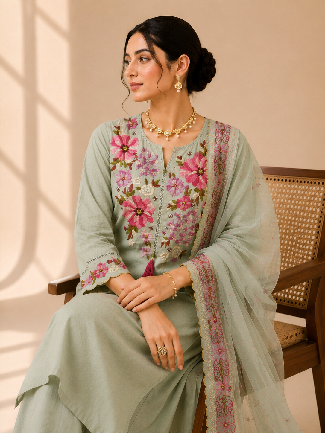 Mul Chanderi Suit Set with Embroidery Detailing