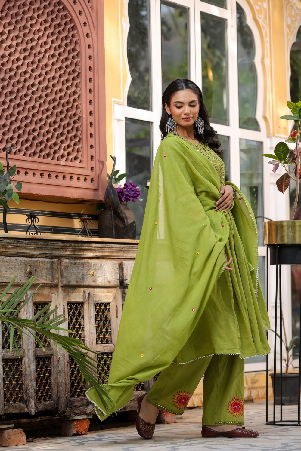 Olive Green Mal Cotton Frock Suit with Mirror & Thread Embroidery