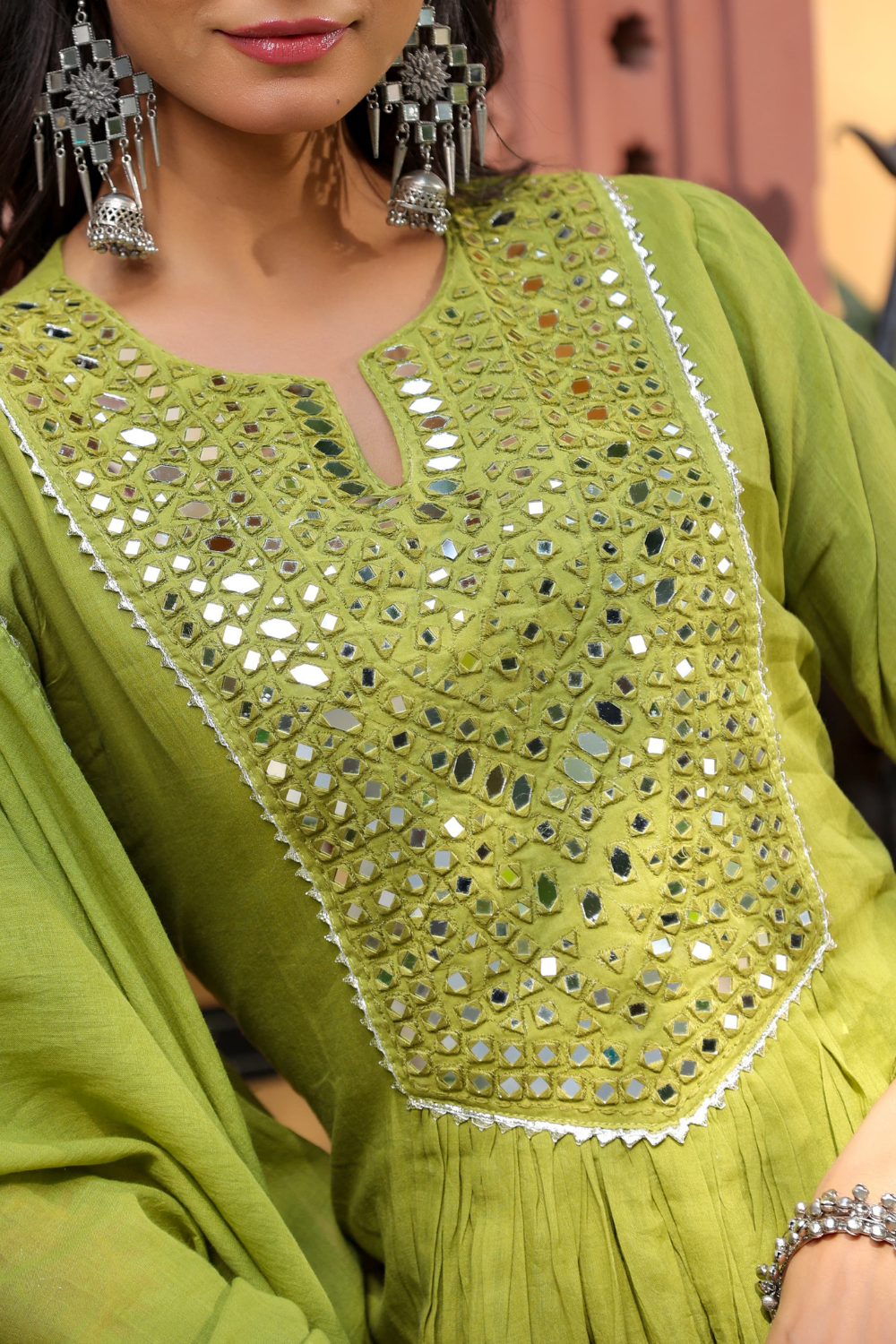 Olive Green Mal Cotton Frock Suit with Mirror & Thread Embroidery