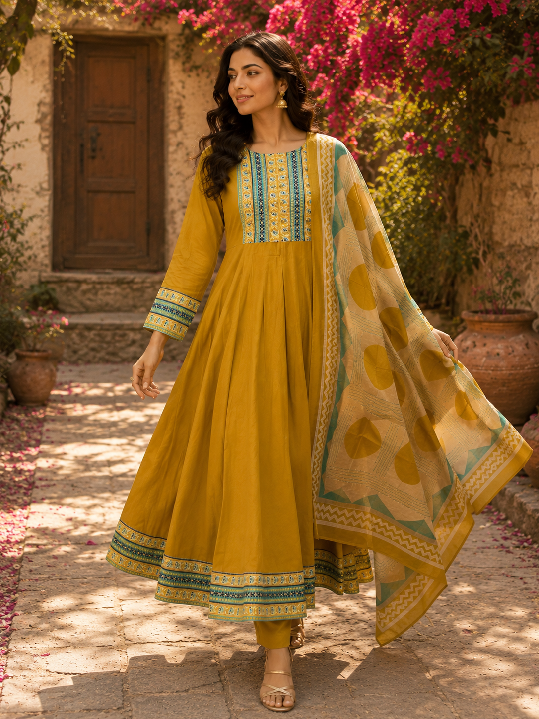Cotton Anarkali Suit Set with Light Detailing