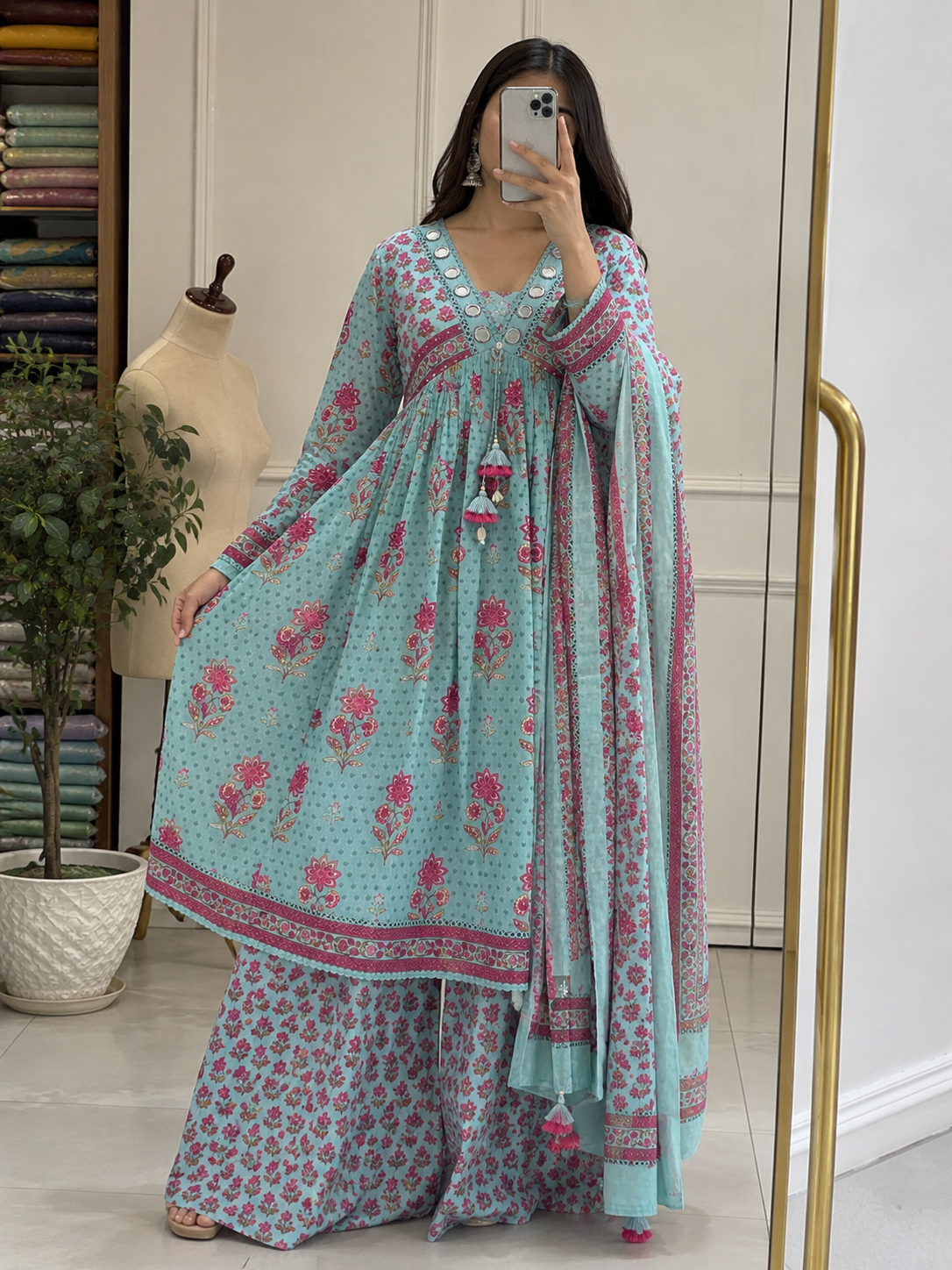 Cotton Printed Anarkali Suit Set with Lace Details