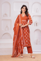 Terracotta Ikat Printed Cotton Suit Set