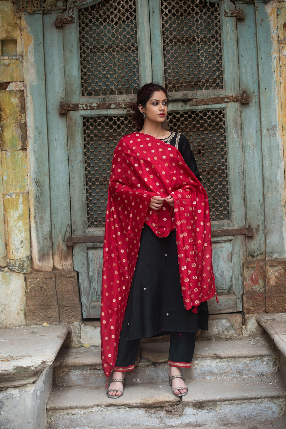 Black Dola Silk Suit with Hand-Embroidered Detailing & Banarasi Dupatta