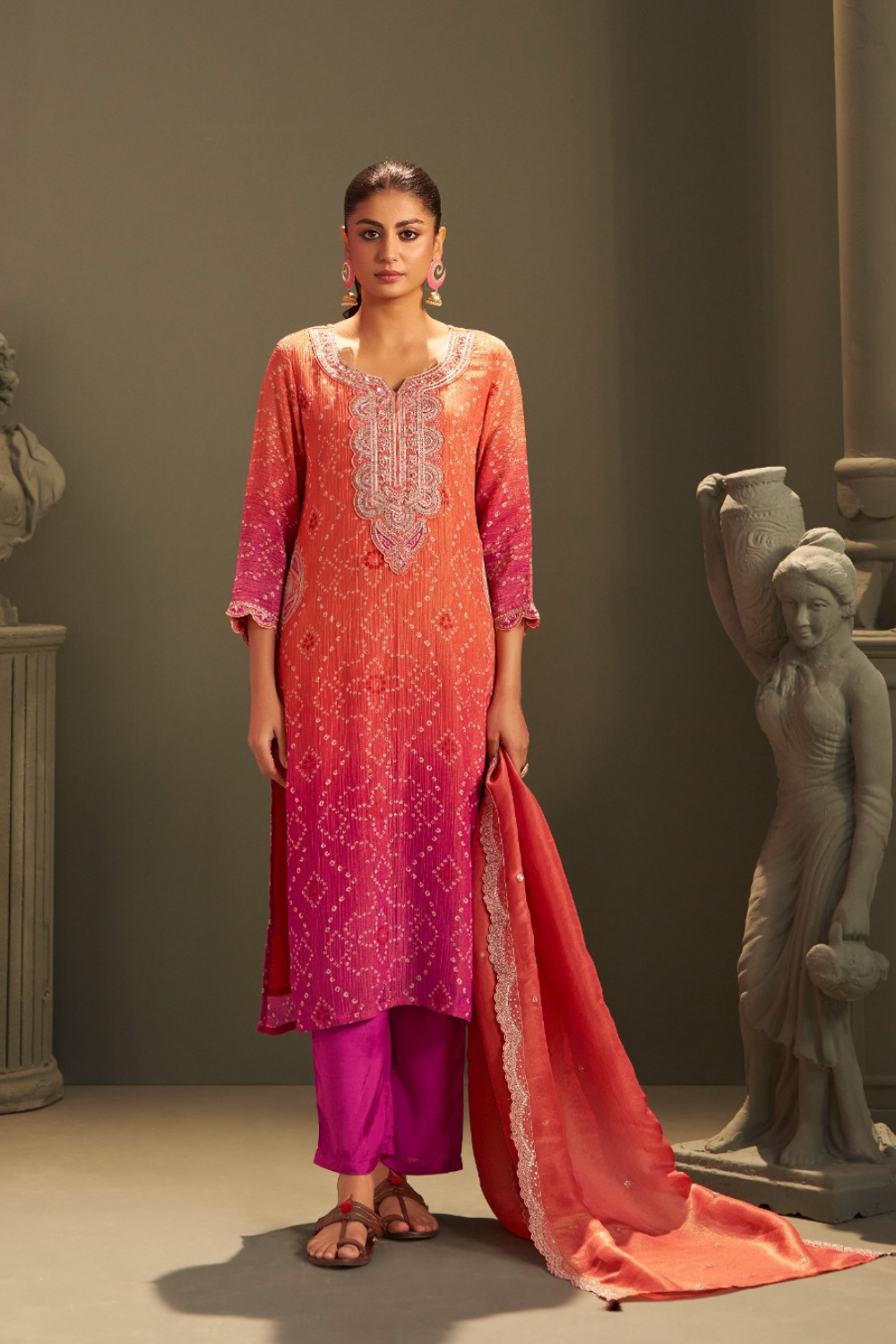 Peach Pink Crushed Tissue Suit with Subtle Handwork