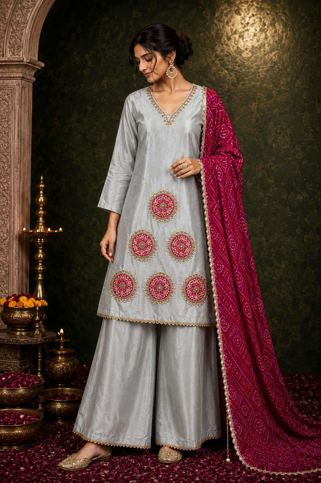 Grey Opara Silk Suit Set with Patch Work, Gotta Patti & Pure Chinon Dupatta