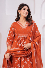 Terracotta Ikat Printed Cotton Suit Set