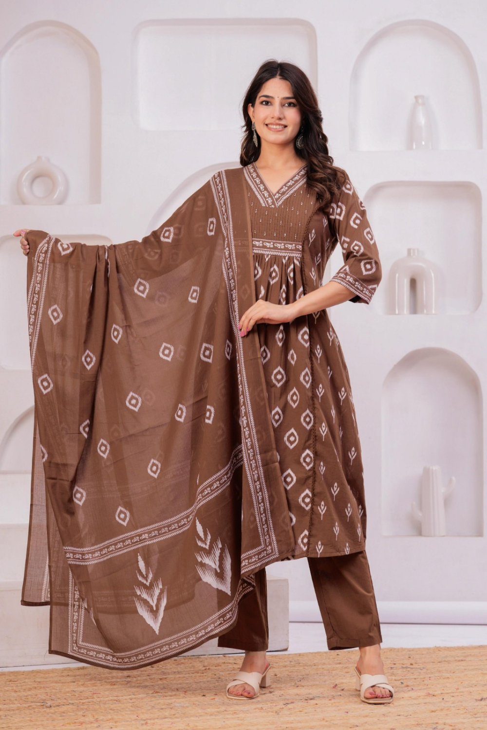 Terracotta Ikat Printed Cotton Suit Set