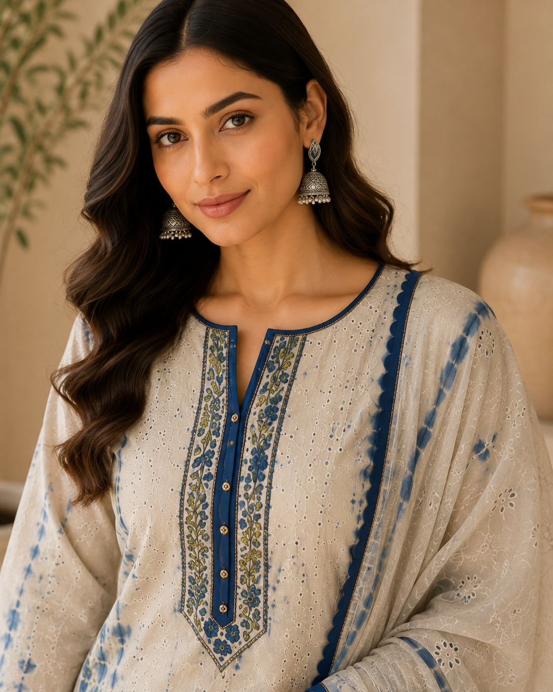 Elegant Cotton Chikankari Unstitched Suit with Tie & Dye Dupatta