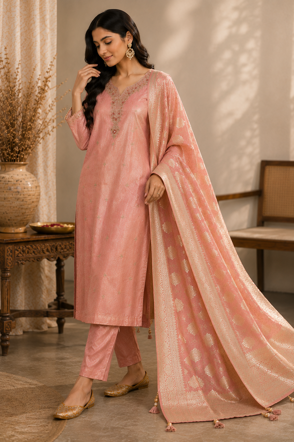 Blush Pink Tissue Suit Set with Handwork & Banarasi Dupatta