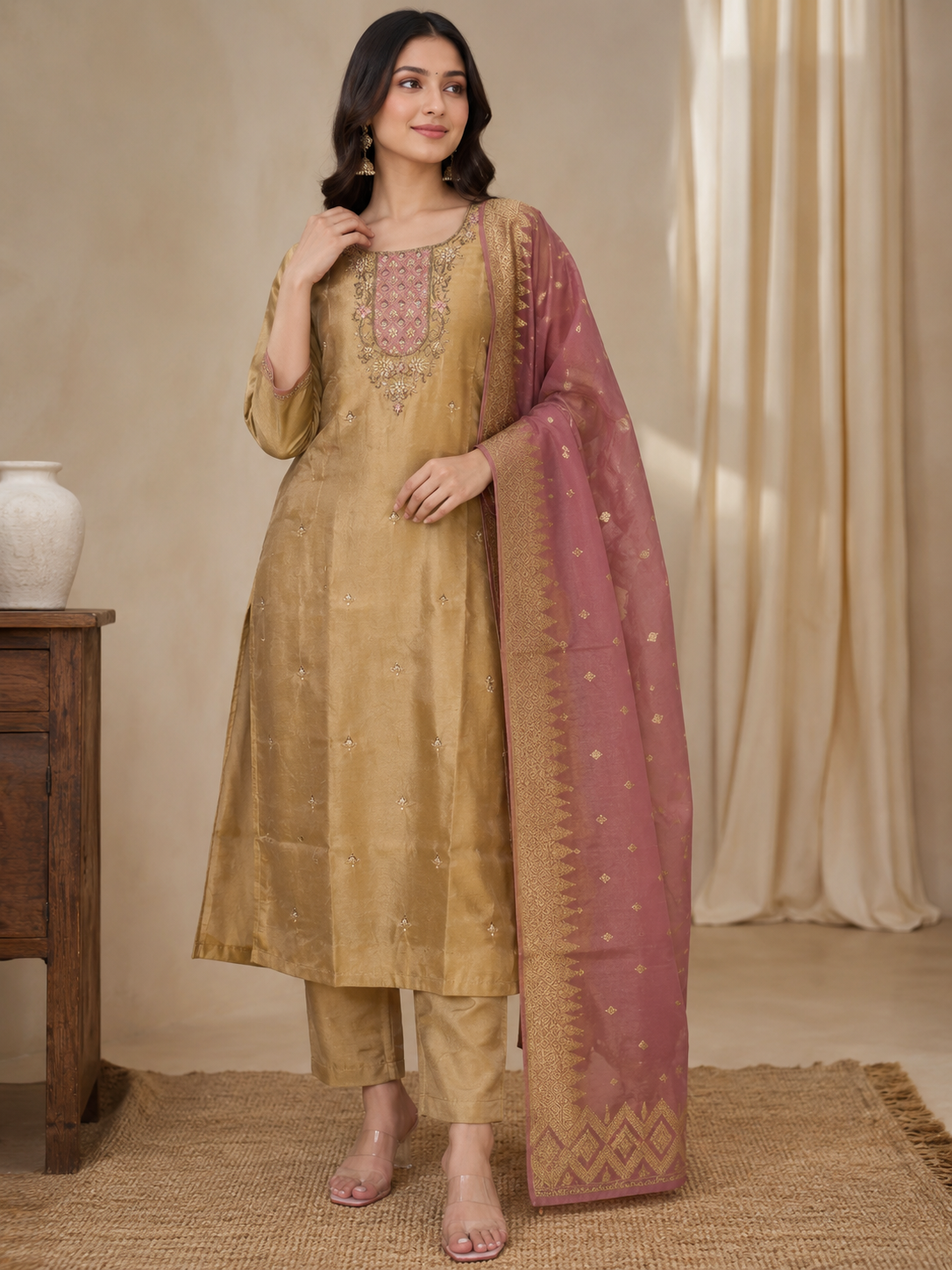 Tissue Handwork Suit Set with Banarasi Dupatta