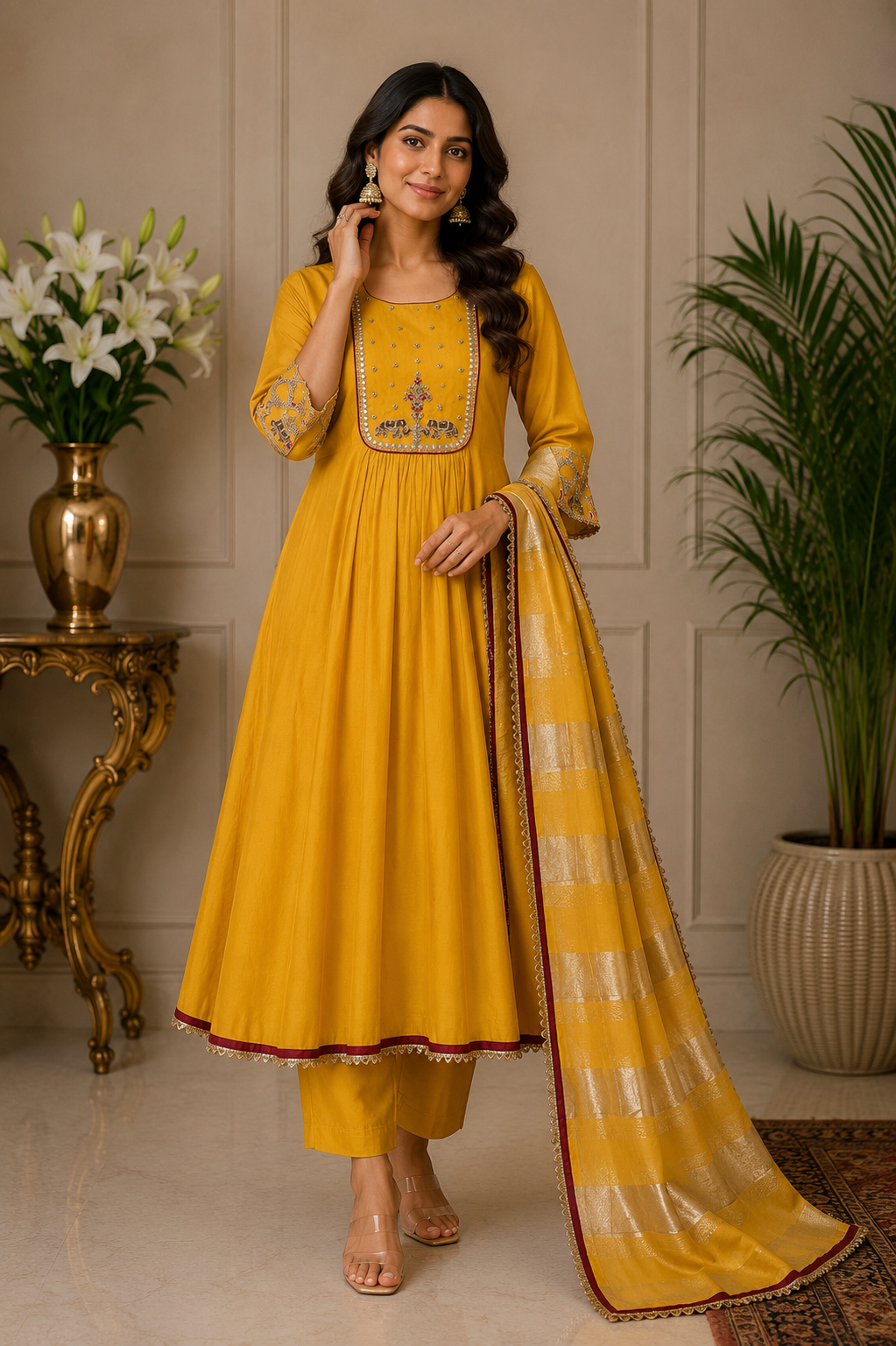 Mustard Mul Chanderi Anarkali Suit Set with Zari & Pearl Work