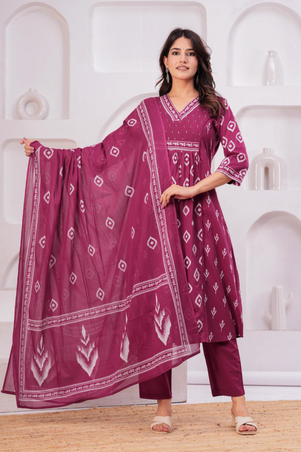 Terracotta Ikat Printed Cotton Suit Set