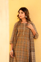 Mocha Block Printed A-Line Cotton Suit Set