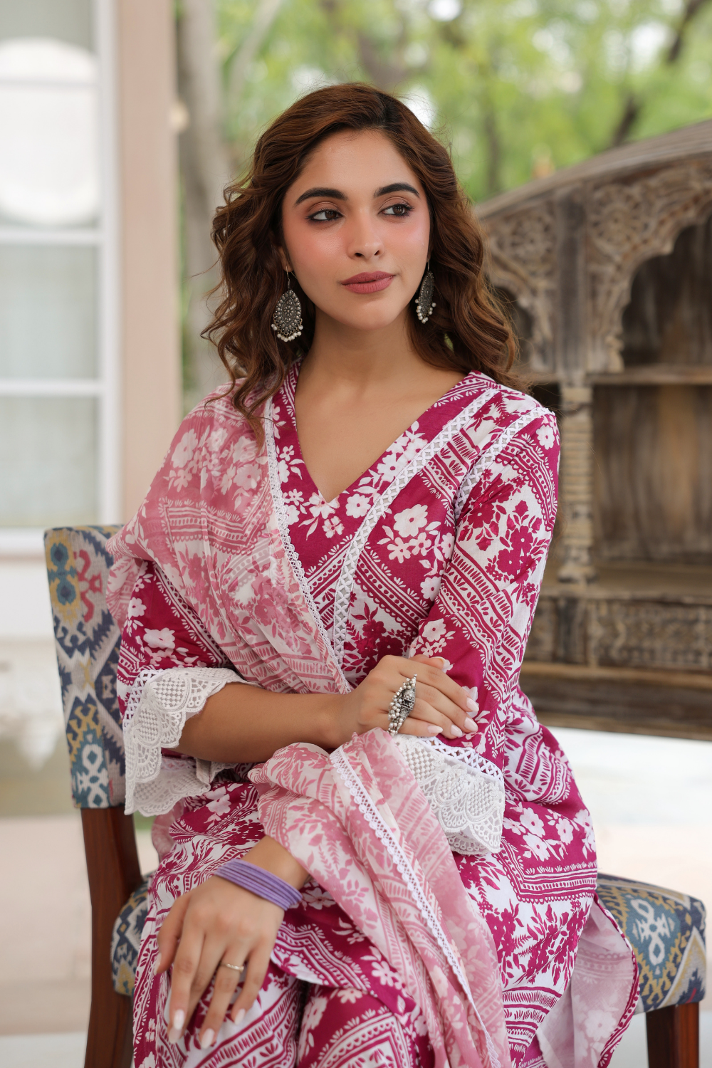 Pink Floral Print Mal Cotton A-line Suit Set with Organza Dupatta