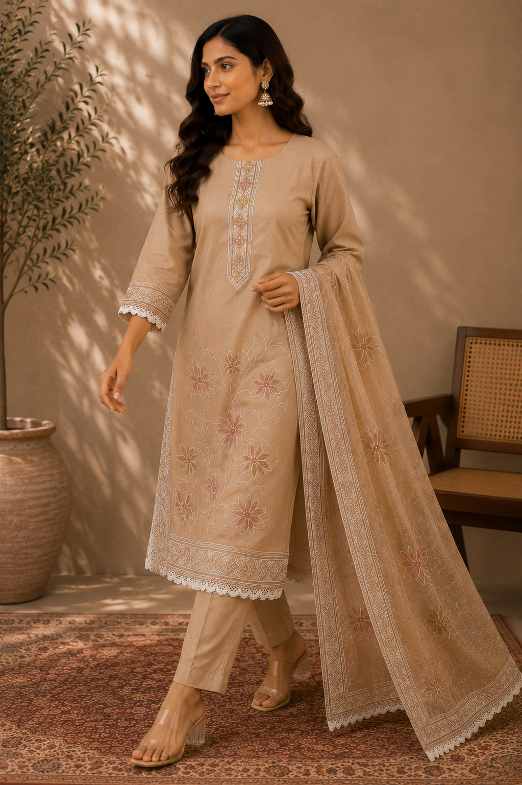 Chanderi Mirror & Floral Handwork Suit Set
