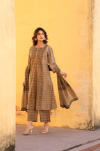 Mocha Block Printed A-Line Cotton Suit Set