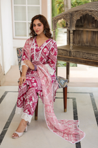 Pink Floral Print Mal Cotton A-line Suit Set with Organza Dupatta