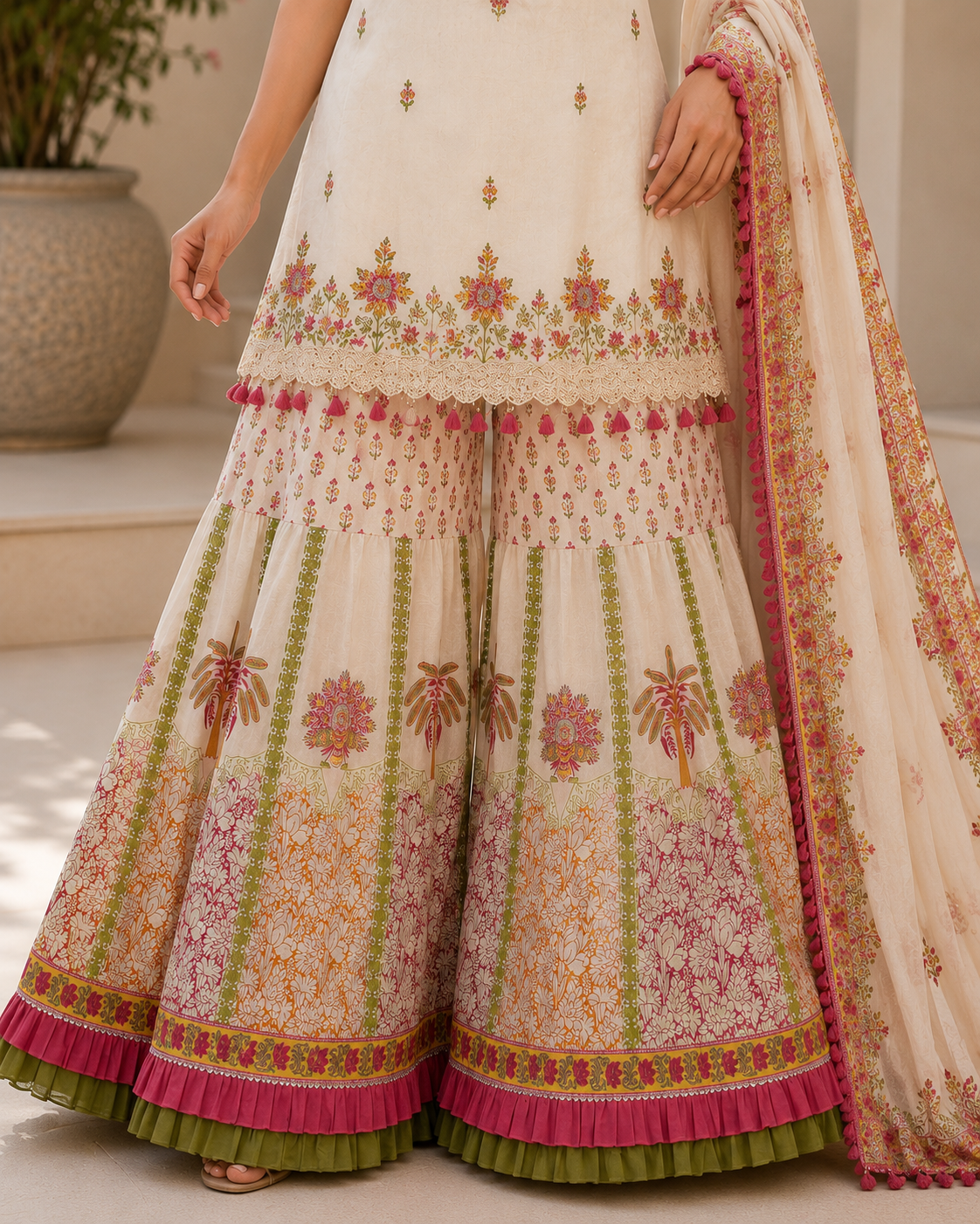 Printed Cotton Kurta Sharara Set with Machine Work