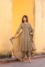 Mocha Block Printed A-Line Cotton Suit Set