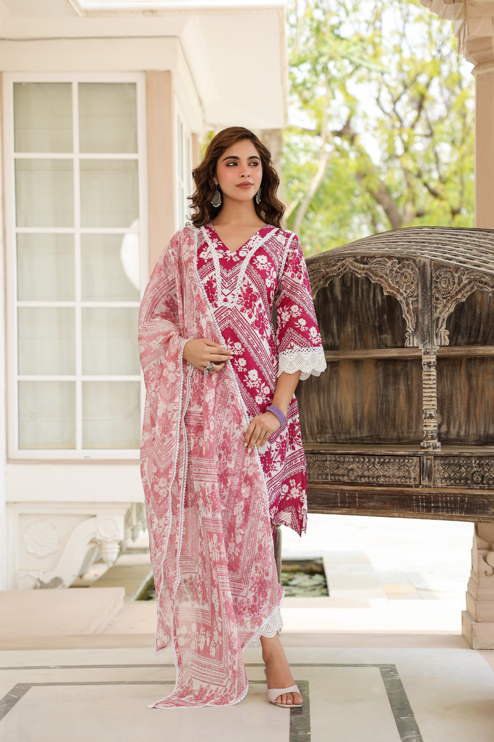 Pink Floral Print Mal Cotton A-line Suit Set with Organza Dupatta