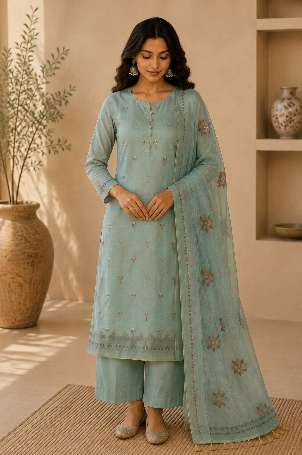 PREMIUM CHANDERI WOVEN MOTIF UNSTITCHED SUIT SET